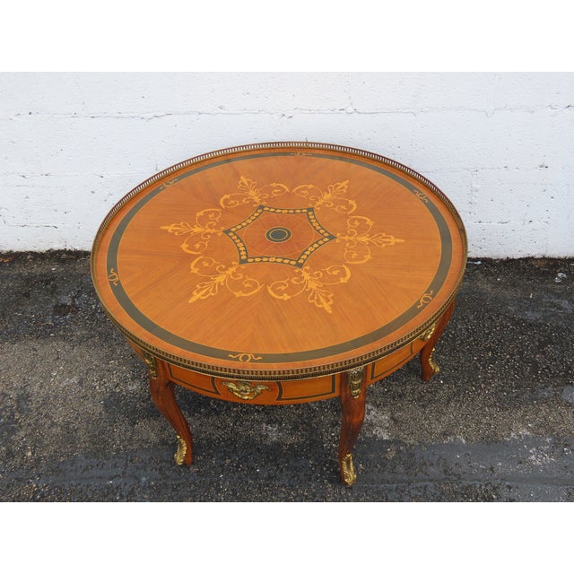 French Inlay Round Coffee Table With Brass Apron 6349 For Sale - Image 9 of 11