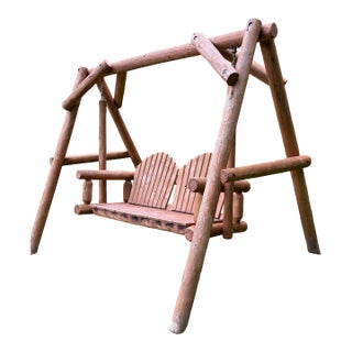 Rustic Log Wood Adirondack-Style Double Outdoor Swing With Frame For Sale