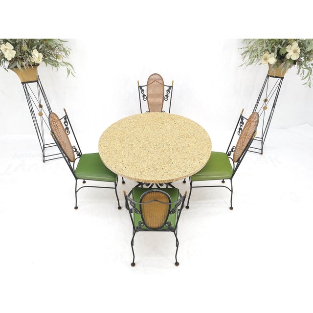 Mid 20th Century Resin Cast Abalone Shell Round Top Outdoor Table 4 Cane Back Chairs Iron Set For Sale - Image 9 of 16