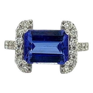 Natural Tanzanite Diamond Ring Size 6.5 14k W Gold 3.89 TCW Certified For Sale