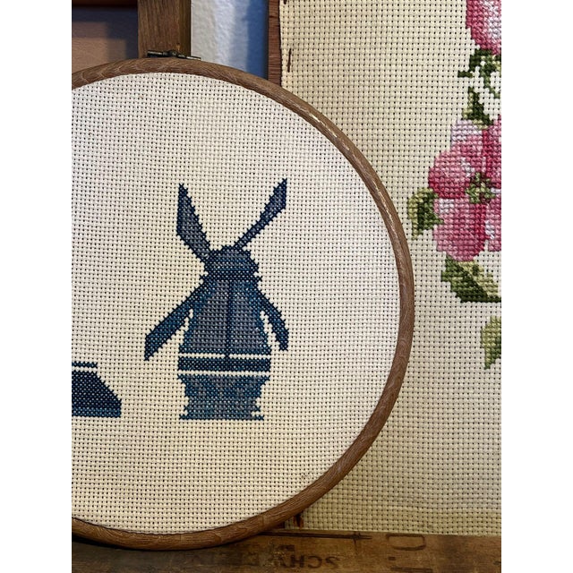 Vintage Handcrafted Finished Cross Stitch Needlepoint Windmill and House For Sale In Seattle - Image 6 of 8