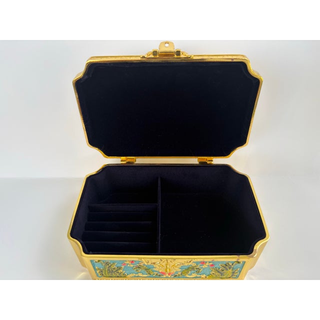 Hollywood Regency Gilt Metal Jewelry Casket With Turquoise Enamel Panels & Velvet Interior For Sale - Image 9 of 11