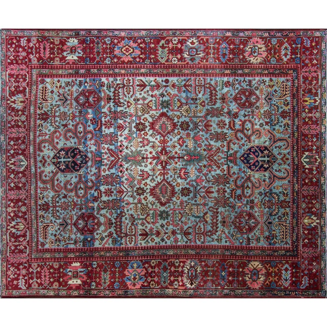 Gorgeous antique Persian Heriz carpet with all-over design and breathtaking baby blue background. Heriz rugs are Persian...