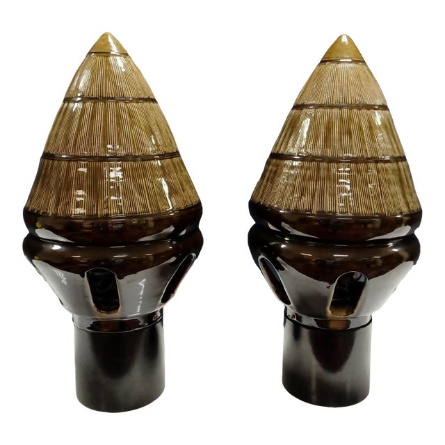 Vintage Pair of Mid 20th Century Thai Celadon Tiki Lamps For Sale