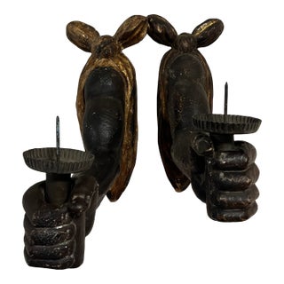 Antique Hand Carved Wooden Powerful Fists Wall Candle Sconces Salvaged Architecture For Sale