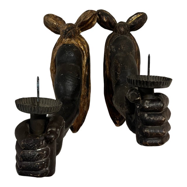 Antique Hand Carved Wooden Powerful Fists Wall Candle Sconces Salvaged Architecture For Sale