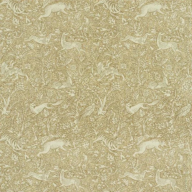 A veritable bestiary of stylized animals, this linen and cotton blend recalls a medieval tapestry with elongated forms of...