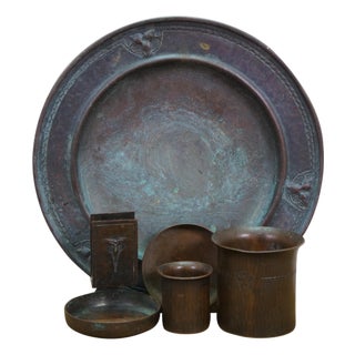 Antique Roycroft Art Nouveau Trilium Craft Hammered Copper Smoking Set Tray For Sale