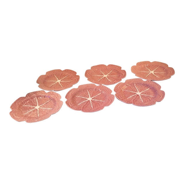 1970s Bordallo Pinheiro Pink Cabbage Plates Set of 6 For Sale