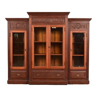 R. J. Horner Style Antique Victorian Carved Walnut Triple Bookcase Cabinet, Circa 1880s For Sale