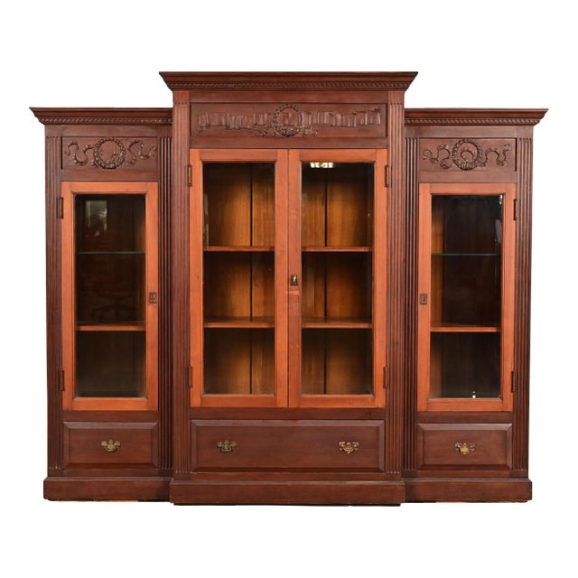 R. J. Horner Style Antique Victorian Carved Walnut Triple Bookcase Cabinet, Circa 1880s For Sale