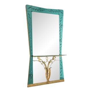 1940s Large Wall Mirror with Console and Etched Decor, Italy For Sale