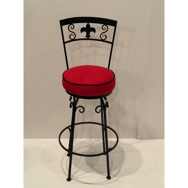 Metal Hand Wrought Iron Fleur Di Lis Motif Bar Stools For Sale - Image 7 of 11
