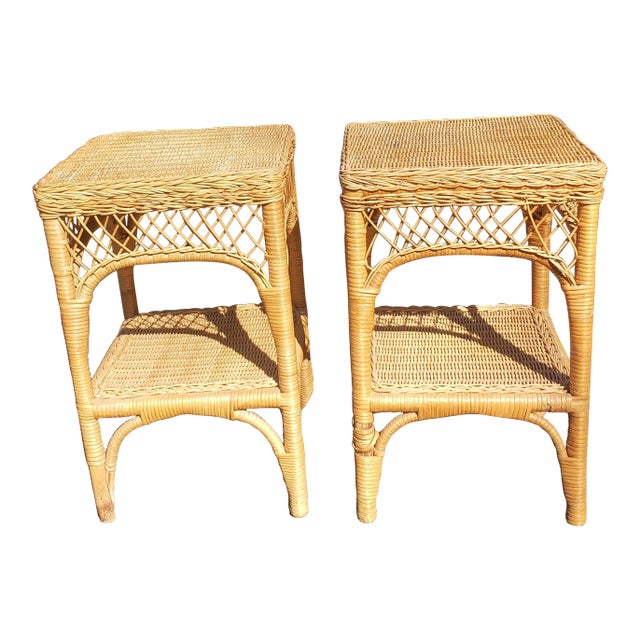 Pair of 1970s Vintage Wicker Side Tables For Sale