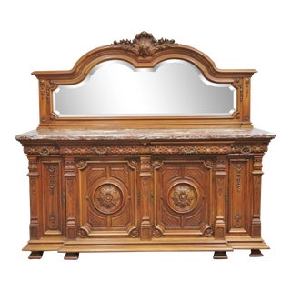 19th Century French Walnut Carved Marble Top Sideboard For Sale