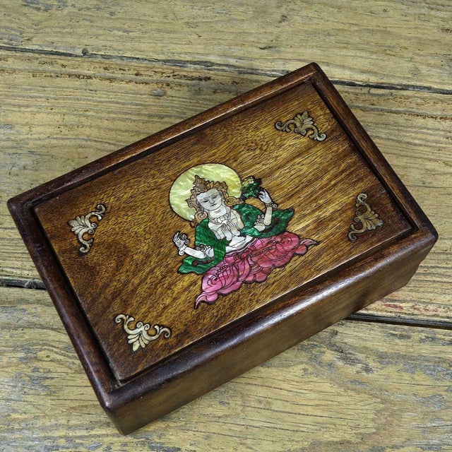 1980s Rosewood Mother-of-Pearl Inlaid Four-Armed Guanyin Puzzle / Secret Compartment Box For Sale - Image 10 of 10