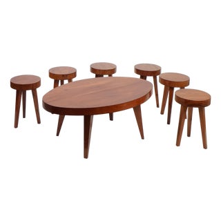 French Modernist Coffee Table and Stools by Charlotte Perriand, 1950s, Set of 7 For Sale