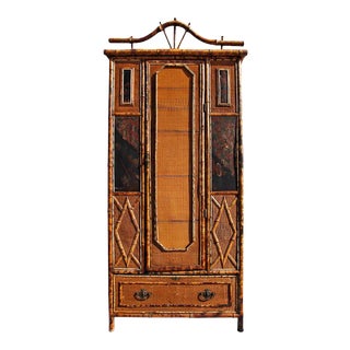 Late 19th Century Victorian Bamboo Seagrass and Chinoiserie Paneled Armoire For Sale