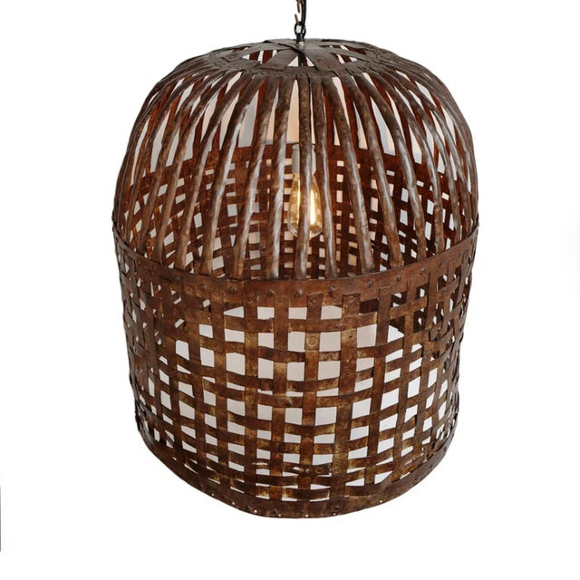 Original vintage iron basket cage, repurposed into unique industrial farm style lighting fixture. Beautiful aged and...