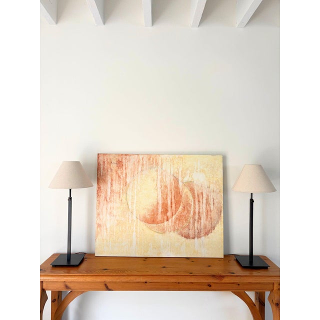 A large scale french abstract oil painting on canvas. This 20th century artwork plays with texture and form in a warm yet...