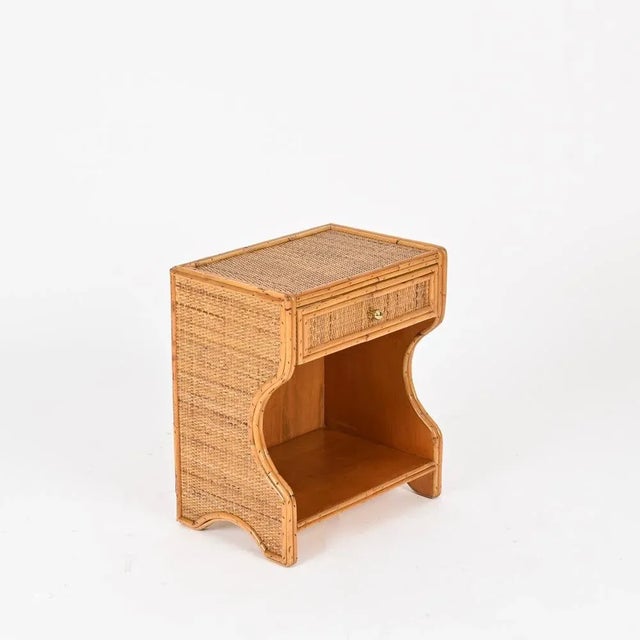 Wood French Riviera Nightstands in Rattan, Wicker and Brass, Italy, 1970s, Set of 2 For Sale - Image 7 of 15