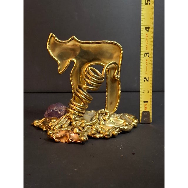 Mid-Century Modern Vintage 1970s Copa Brazil Brutalist Hebrew Chai Brass & Amethyst Sculpture For Sale - Image 3 of 7
