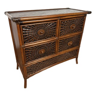 Vintage Bamboo & Rattan Woven Bohemian Style Chest W/ Sunburst Detail For Sale