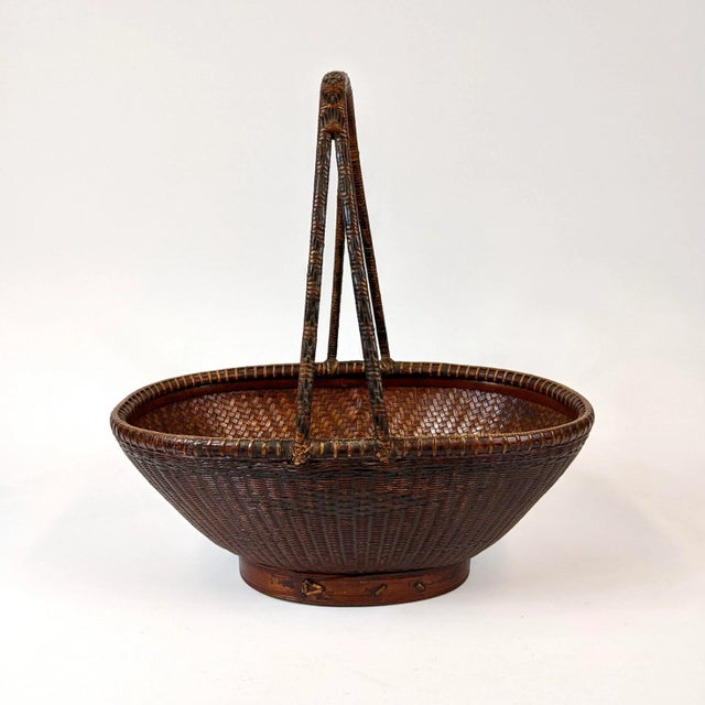 Brown 19th Century Chinese Woven Oval Bamboo Basket With Handle For Sale - Image 8 of 8