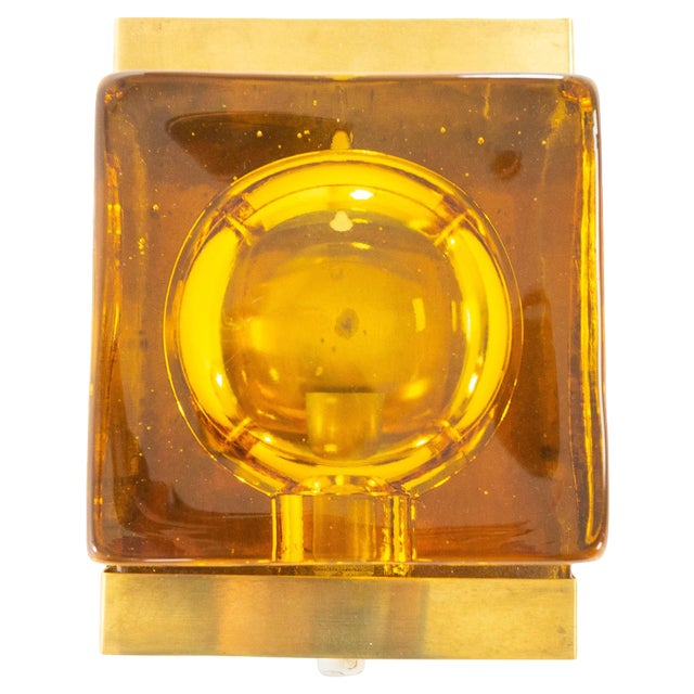 Amber Coloured Maritim Glass and Brass Wall Lamp by Vitrika, 1970s For Sale