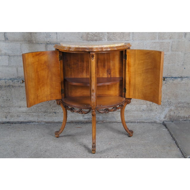 Late 19th Century Antique French Neoclassical Demilune Satinwood Marble Cabinet Side Tables - Set of 2 For Sale - Image 6 of 13