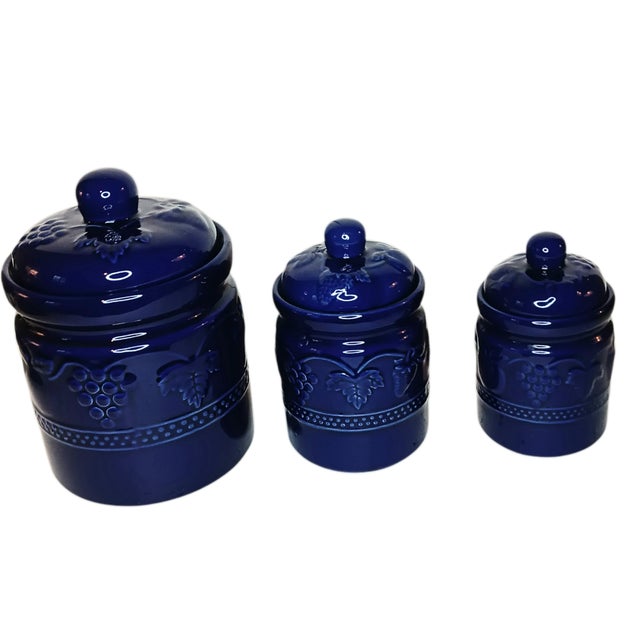 Mid-Century Modern Set of Three (3) Vintage Cobalt Blue Ceramic Canisters Raised Fruit Grape Design For Sale - Image 3 of 14