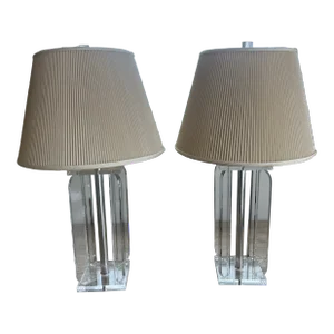 Vintage Pair Mid-Century Modern Frederick Cooper Lucite Square Table Lamps With Original Shades