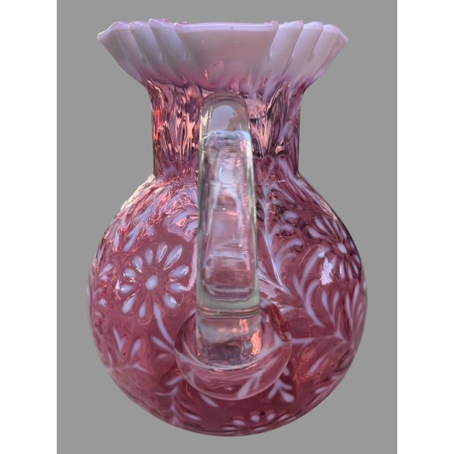 Victorian Antique Victorian Cranberry Opalescent Floral Decorated Art Glass Water Pitcher For Sale - Image 3 of 12