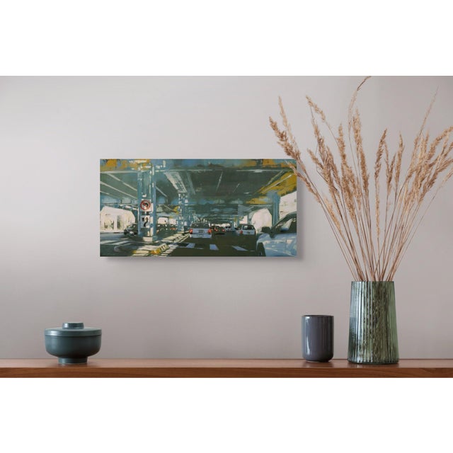 Early 21st Century Below the Noise by Lindsey Kustusch | Oil on wood panel of a city street under an overpass For Sale - Image 5 of 5