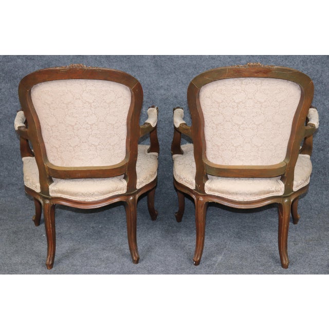 1940's Pair French Louis XV Style Carved Armchairs For Sale - Image 4 of 13
