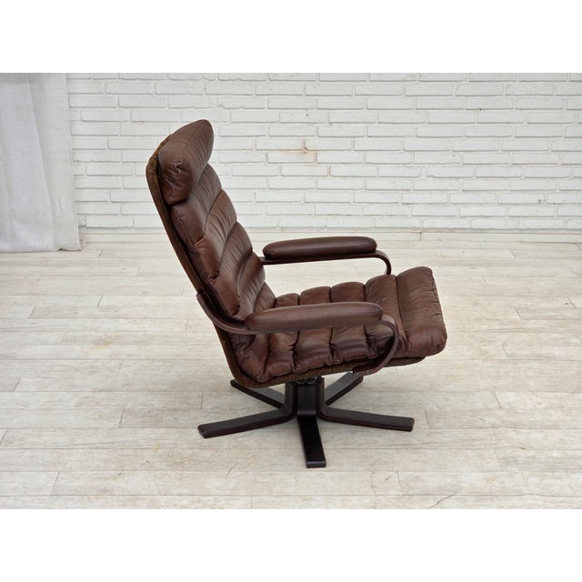 Brown Danish Swivel Armchair in Brown Furniture Leather from Georg Thams, 1970s For Sale - Image 8 of 18