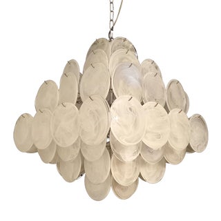 Vintage White Alabaster and Murano Disc Chandelier from Mazzega, Venice, Italy, 1981 For Sale