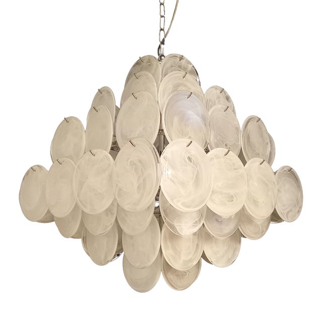 Vintage White Alabaster and Murano Disc Chandelier from Mazzega, Venice, Italy, 1981 For Sale