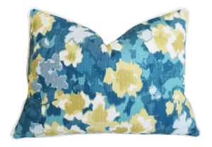 Designer Madcap Cottage Blue & Gold Floral Feather/Down Pillow 24" X 18"