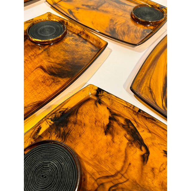 Mid-Century Modern Vintage Amber Lucite Swirl Midcentury Cocktail Trays With a Cup Rest - Set of 6 For Sale - Image 3 of 10