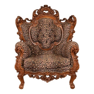 Italian Baroque Ornate Carved Walnut Throne Chair or Lounge Chair With Leopard Print Upholstery For Sale