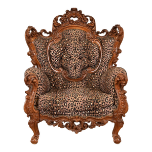 Italian Baroque Ornate Carved Walnut Throne Chair or Lounge Chair With Leopard Print Upholstery