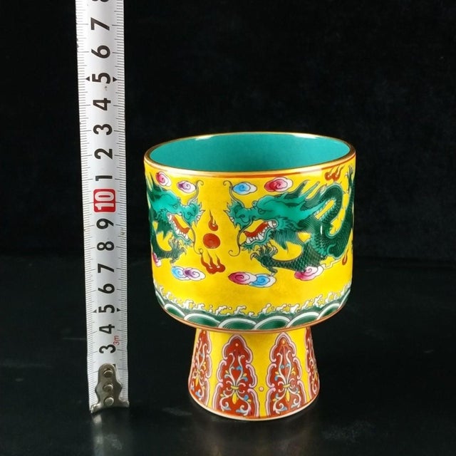Yellow Vintage Yellow Ground Famille Rose Stem Cup With Green Dragons For Sale - Image 8 of 9