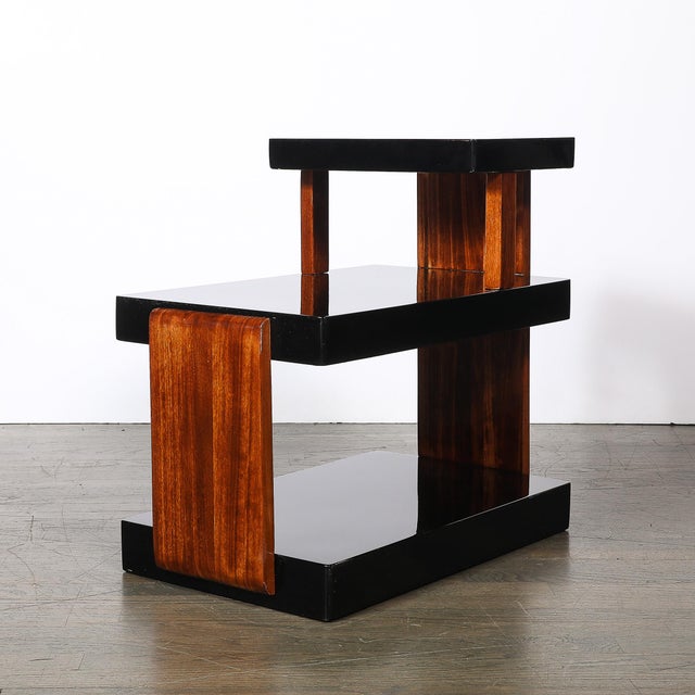 Art Deco Art Deco Machine Age Three-Tier Black Lacquer & Walnut Side Table For Sale - Image 3 of 14