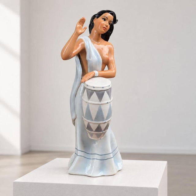 Mid 20th Century Italian Glazed Ceramic Woman Playing Drum Sculpture by Ronzan, 1950s For Sale - Image 5 of 8