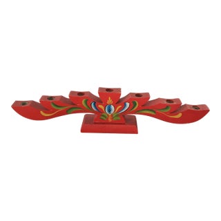 Vintage Wood Swedish Red Rosemaling Candelabra/ Taper Candle Holder For Sale