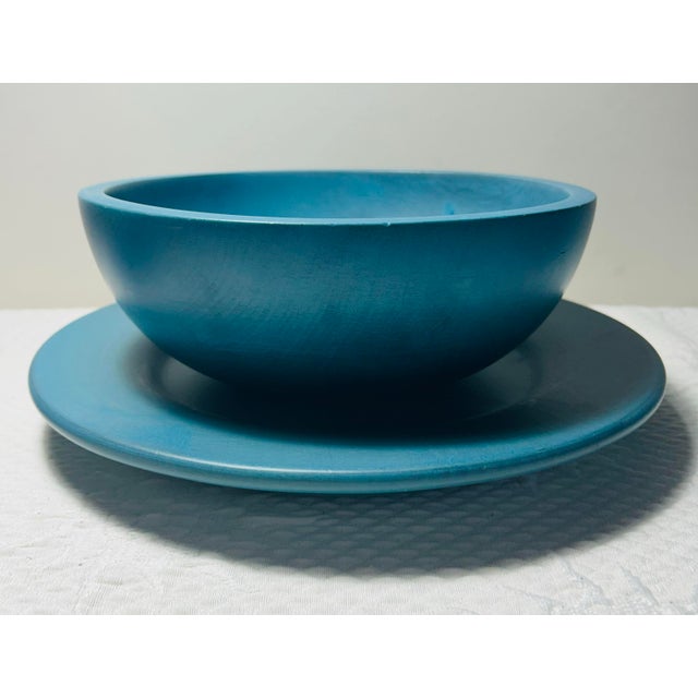 Boho Chic Vintage Pair of Ralph Lauren Wooden Serving Bowls With Under Liners in Blue - 4 pcs For Sale - Image 3 of 12