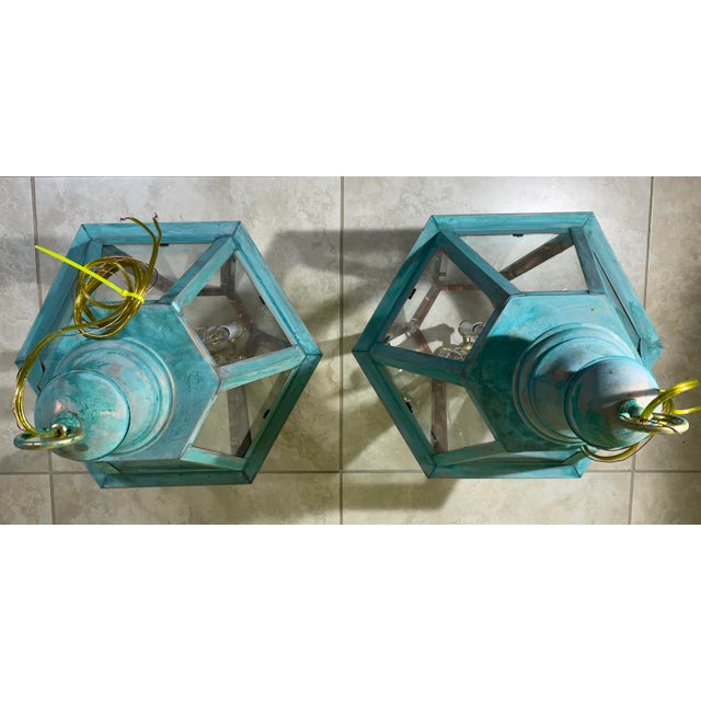 Exquisite Pair of Vintage Solid Copper & Brass Verdigris Lanterns For Sale - Image 11 of 14