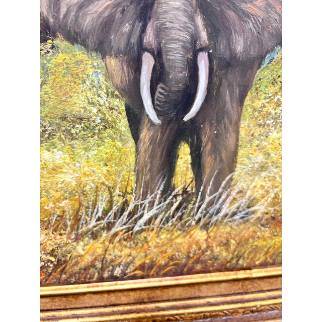 Wood Canvas Featuring a Detailed Wildlife Portrait of an Elephant in Africa - Signed For Sale - Image 7 of 12