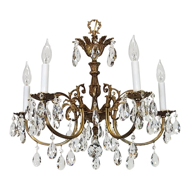 Antique 5 Arm Absolutely Fabulous Brass Cut Lead Glass Crystal Chandelier For Sale